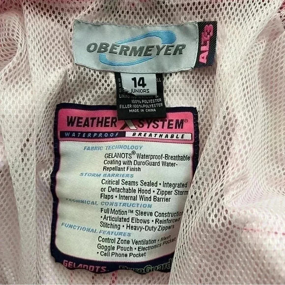 Obermeyer Zenon Shell Waterproof Jacket Coat Pink Juniors Size 14 Kids Snow Ski - Picture 4 of 16